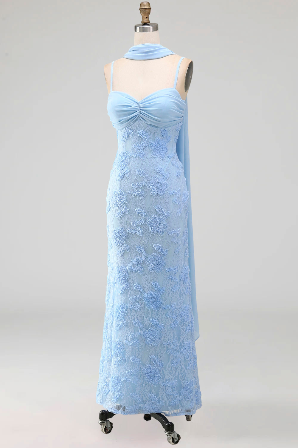 Blue Spaghetti Straps Sheath Floral Maxi Wedding Guest Dress