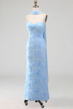 Blue Spaghetti Straps Sheath Floral Maxi Wedding Guest Dress