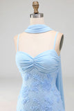 Blue Spaghetti Straps Sheath Floral Maxi Wedding Guest Dress