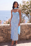 Blue Spaghetti Straps Sheath Floral Maxi Wedding Guest Dress