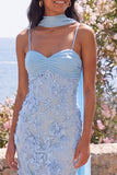 Blue Spaghetti Straps Sheath Floral Maxi Wedding Guest Dress