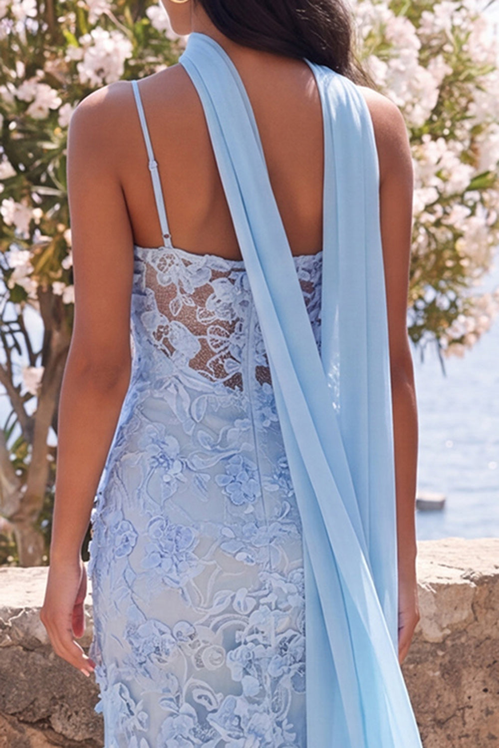Blue Spaghetti Straps Sheath Floral Maxi Wedding Guest Dress