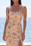 Sparkly Champagne Floral Long Sequin Wedding Guest Dress with Slit