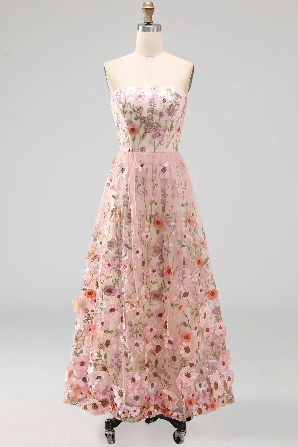 Floral Pink Strapless A Line Maxi Wedding Guest Dress