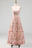 Floral Pink Strapless A Line Maxi Wedding Guest Dress
