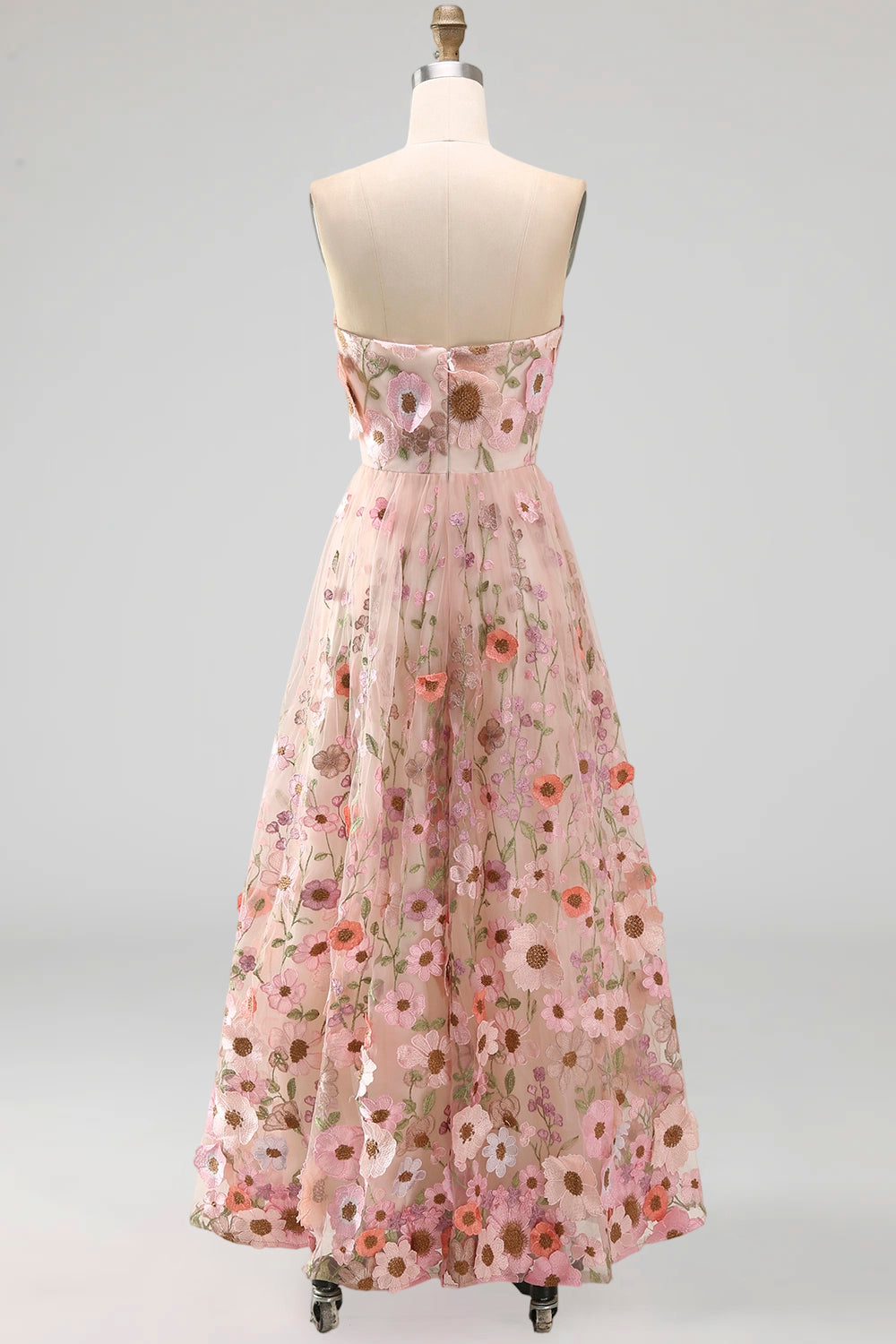 Floral Pink Strapless A Line Maxi Wedding Guest Dress