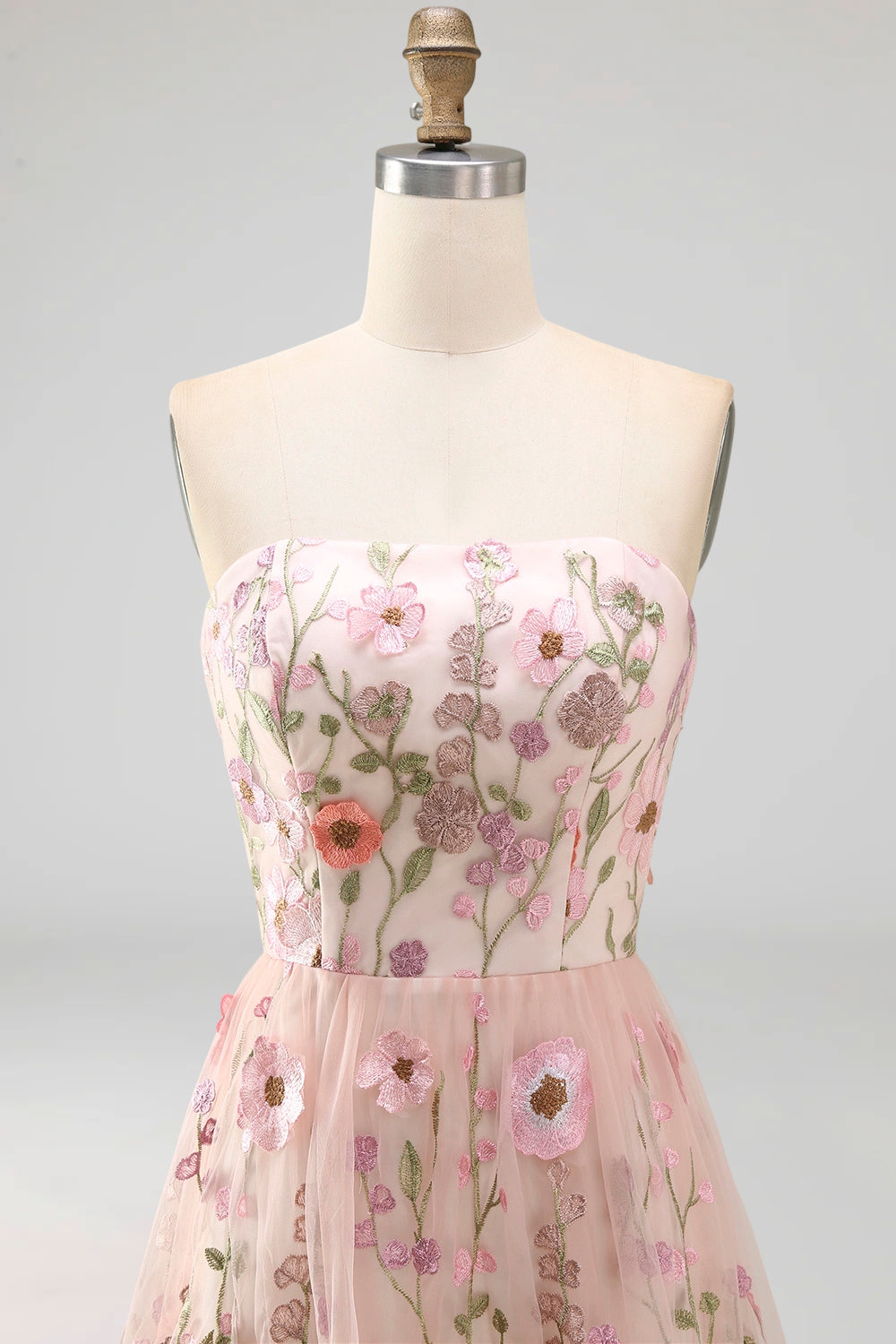 Floral Pink Strapless A Line Maxi Wedding Guest Dress
