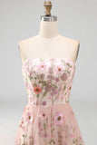 Floral Pink Strapless A Line Maxi Wedding Guest Dress