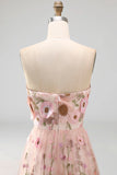 Floral Pink Strapless A Line Maxi Wedding Guest Dress