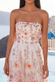 Floral Pink Strapless A Line Maxi Wedding Guest Dress