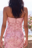 Floral Sparkly Pink Sequin Long Sheath Wedding Guest Dress with Slit