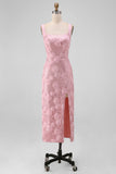 Sparkly Pink Sequin Floral Maxi Sheath Wedding Guest Dress with Slit