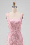 Sparkly Pink Sequin Floral Maxi Sheath Wedding Guest Dress with Slit