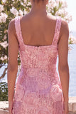 Sparkly Pink Sequin Floral Maxi Sheath Wedding Guest Dress with Slit