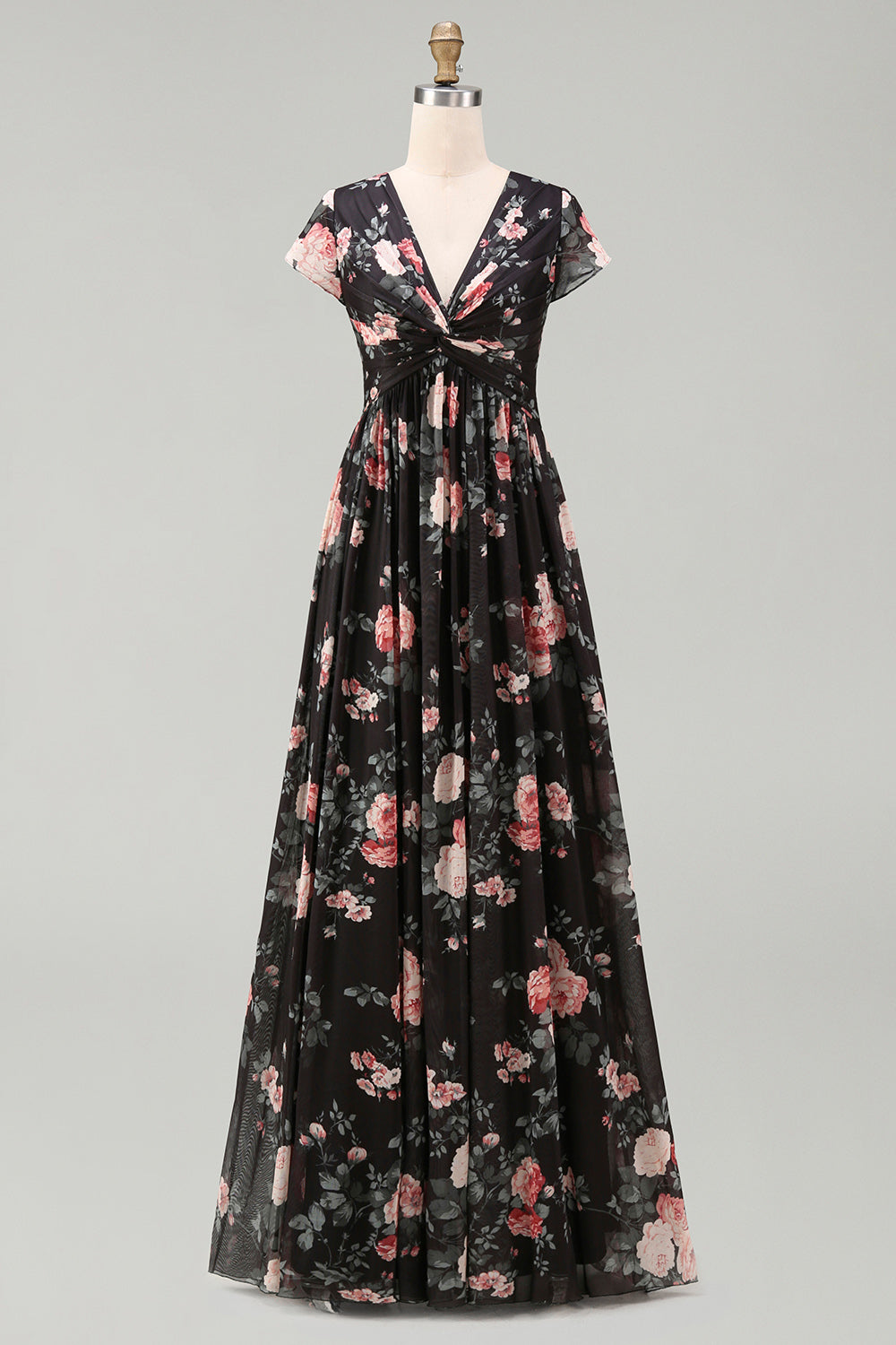 Black V-Neck A Line Floral Maxi Beach Wedding Guest Dress
