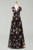 Black V-Neck A Line Floral Maxi Beach Wedding Guest Dress