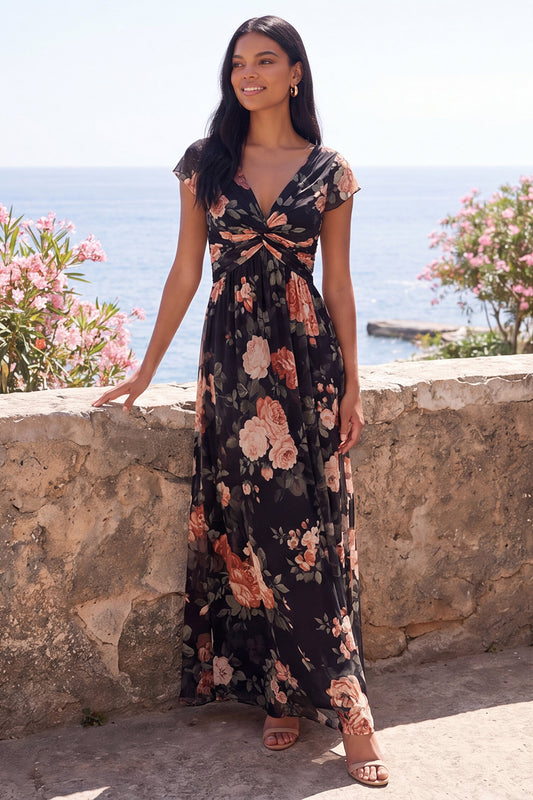 Black V-Neck A Line Floral Maxi Beach Wedding Guest Dress