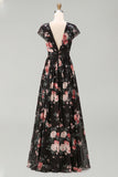 Black V-Neck A Line Floral Maxi Beach Wedding Guest Dress