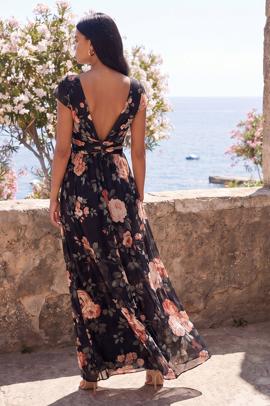 Black V-Neck A Line Floral Maxi Beach Wedding Guest Dress