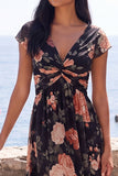 Black V-Neck A Line Floral Maxi Beach Wedding Guest Dress