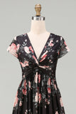 Black V-Neck A Line Floral Maxi Beach Wedding Guest Dress