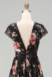 Black V-Neck A Line Floral Maxi Beach Wedding Guest Dress