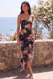 Black Mermaid Floral High Low Beach Wedding Guest Dress with Ruffles