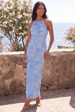 Blue Halter Backless Sheath Floral Maxi Wedding Guest Dress