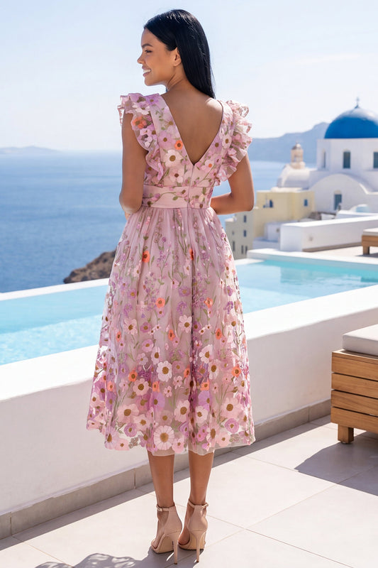 Floral Pink A Line V-Neck Maxi Wedding Guest Dress with Ruffles