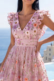 Floral Pink A Line V-Neck Maxi Wedding Guest Dress with Ruffles