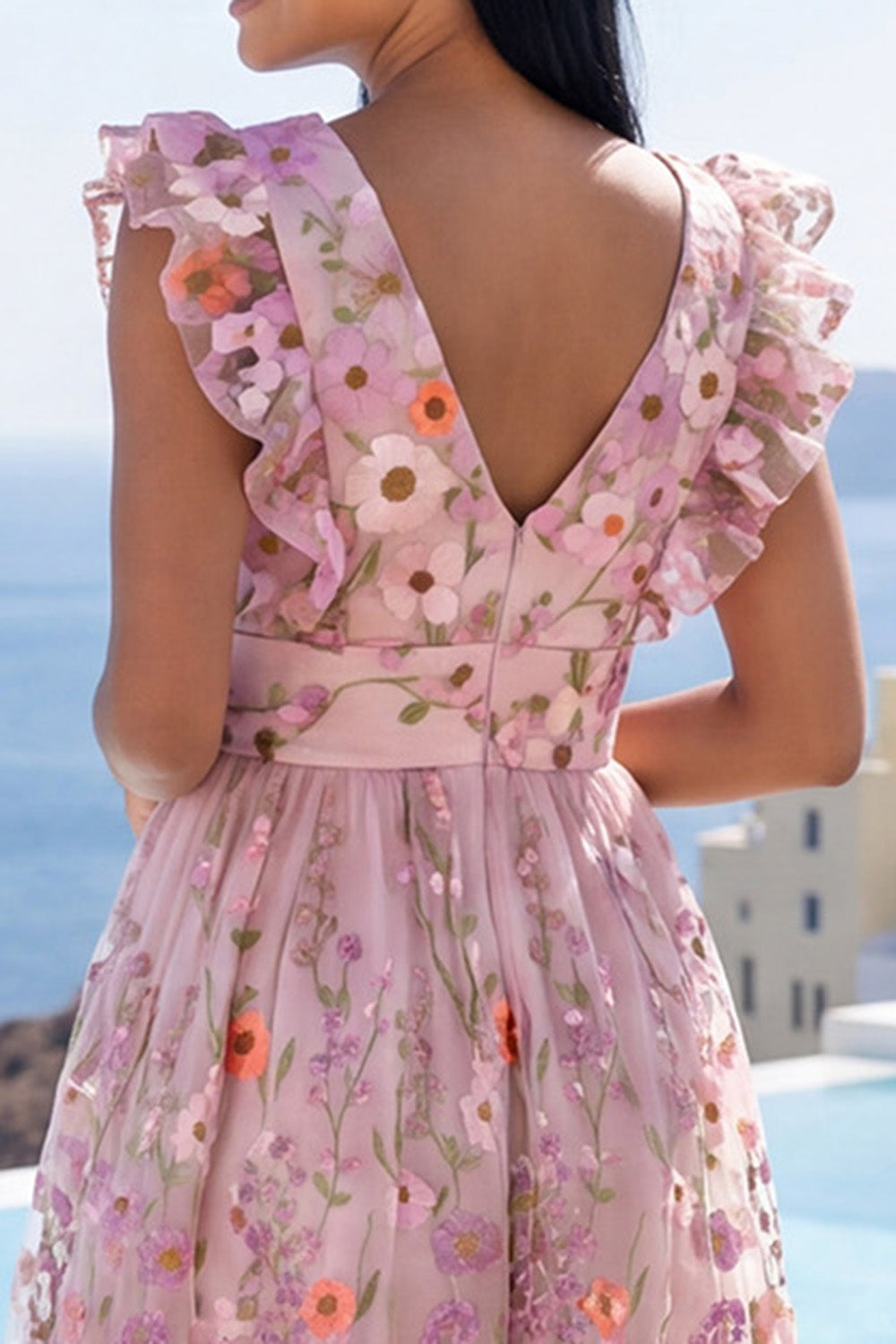 Floral Pink A Line V-Neck Maxi Wedding Guest Dress with Ruffles