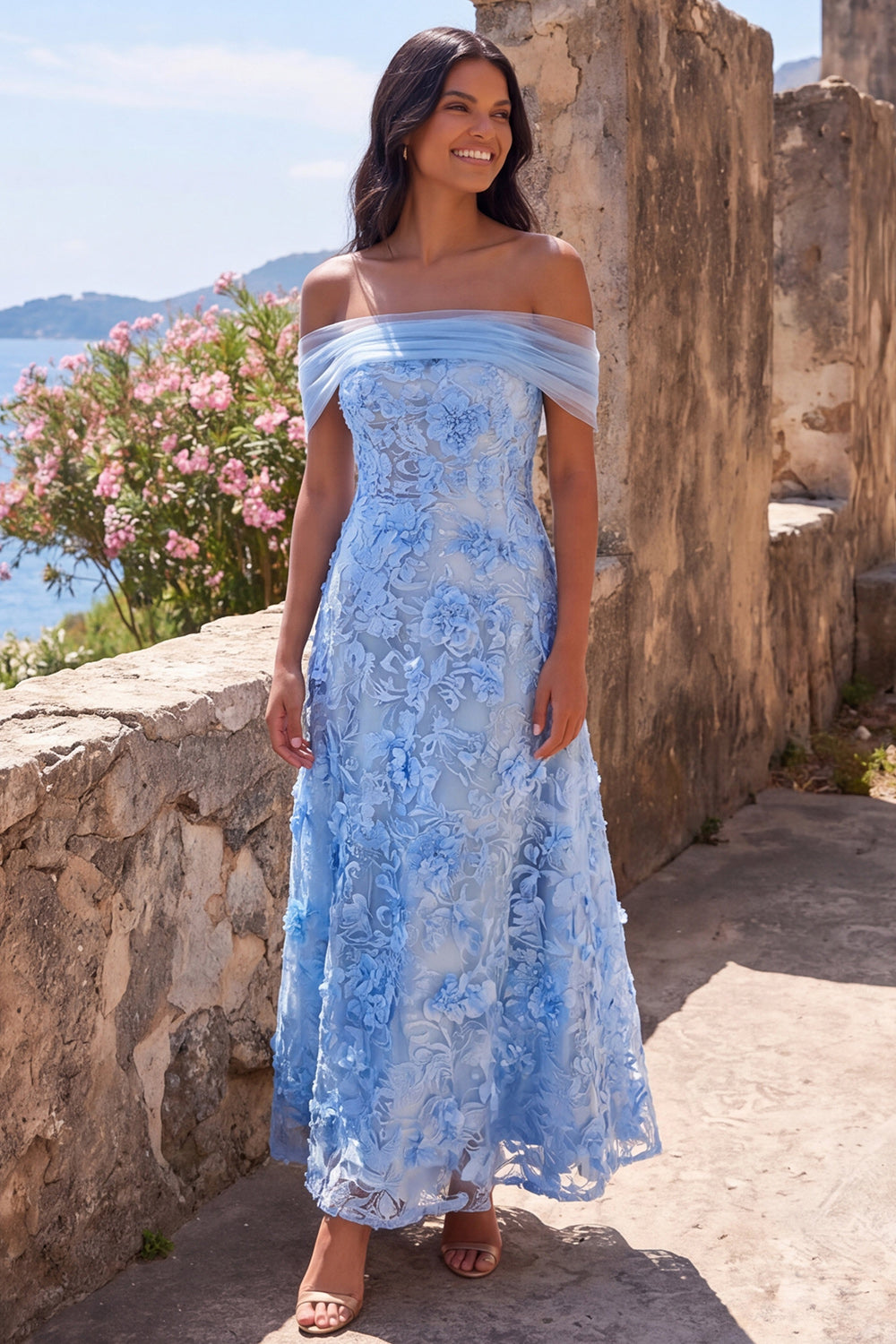 A Line Blue Off the Shoulder Floral Maxi Wedding Guest Dress