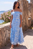 A Line Blue Off the Shoulder Floral Maxi Wedding Guest Dress