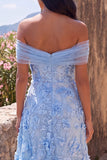 A Line Blue Off the Shoulder Floral Maxi Wedding Guest Dress