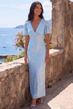 Sparkly Blue Sequin V-Neck Mermaid Long Wedding Guest Dress