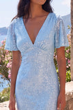 Sparkly Blue Sequin V-Neck Mermaid Long Wedding Guest Dress