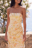 Butter Yellow Strapless Ruched Sheath Floral Maxi Wedding Guest Dress