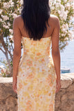Butter Yellow Strapless Ruched Sheath Floral Maxi Wedding Guest Dress