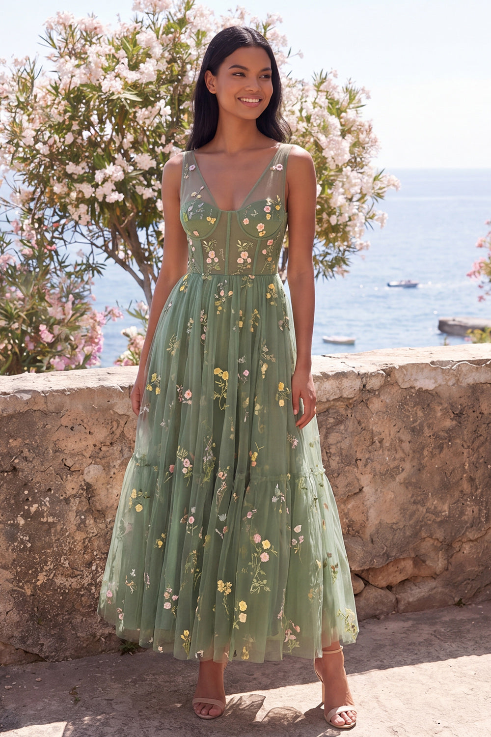 Dusty Sage V-Neck Corset A Line Floral Maxi Wedding Guest Dress