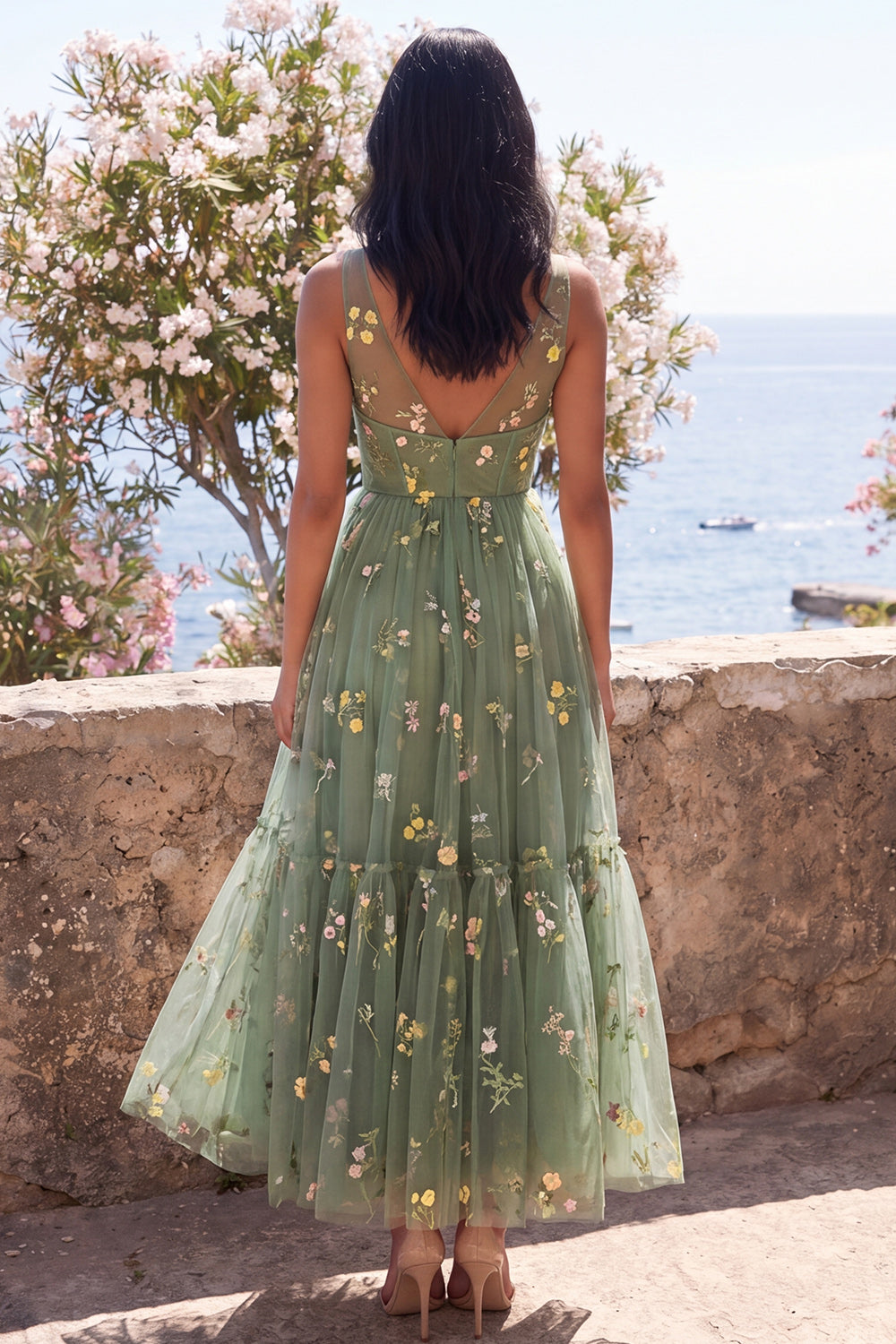 Dusty Sage V-Neck Corset A Line Floral Maxi Wedding Guest Dress