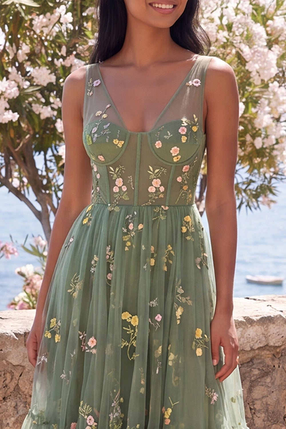 Dusty Sage V-Neck Corset A Line Floral Maxi Wedding Guest Dress
