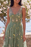 Dusty Sage V-Neck Corset A Line Floral Maxi Wedding Guest Dress