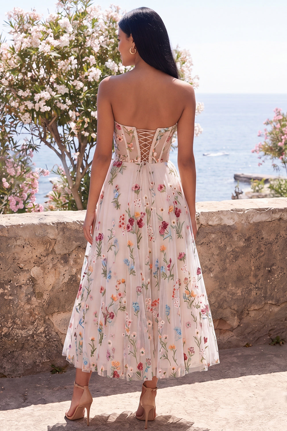 Corset A Line Maxi Ivory Strapless Floral Wedding Guest Dress