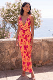 Orange V-Neck Ruched Mermaid Floral Maxi Beach Wedding Guest Dress