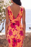 Orange V-Neck Ruched Mermaid Floral Maxi Beach Wedding Guest Dress