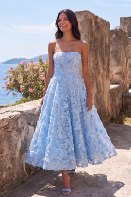 A Line Blue Strapless Floral Maxi Wedding Guest Dress