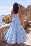 A Line Blue Strapless Floral Maxi Wedding Guest Dress