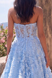 A Line Blue Strapless Floral Maxi Wedding Guest Dress