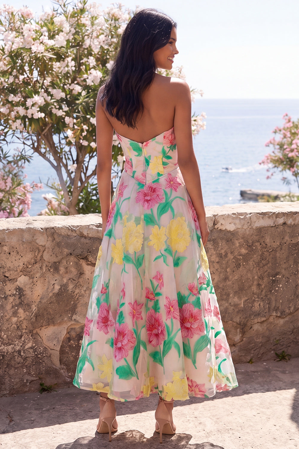 A Line Daffodil Pink Flower Strapless Maxi Wedding Guest Dress