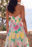 A Line Daffodil Pink Flower Strapless Maxi Wedding Guest Dress